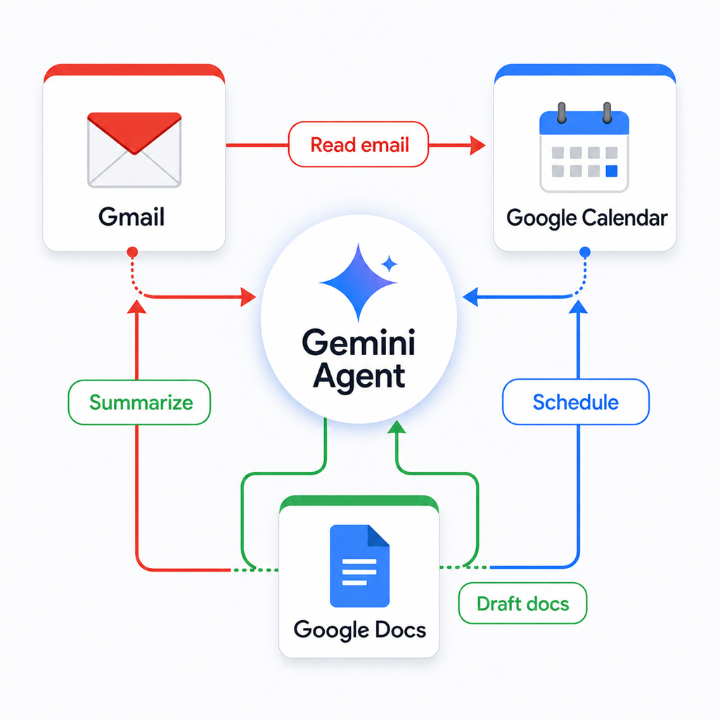 GeminiエージェントがGmail・カレンダー・Docsをまたいで自律タスクを処理するフロー図