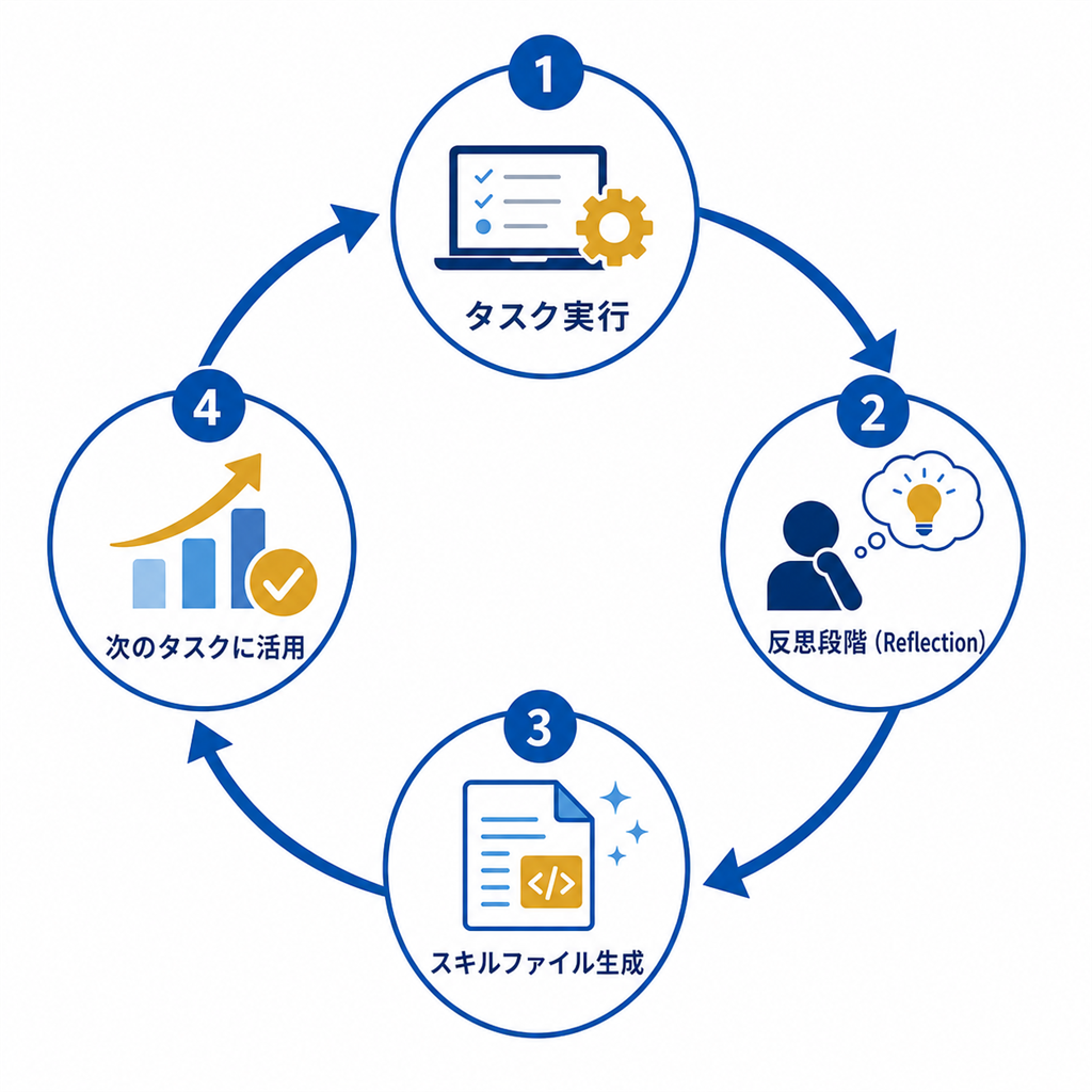 Hermesのクローズドラーニングループのフロー図。タスク実行→反思段階→スキルファイル生成→次のタスクに活用→というサイクルを示す概念図