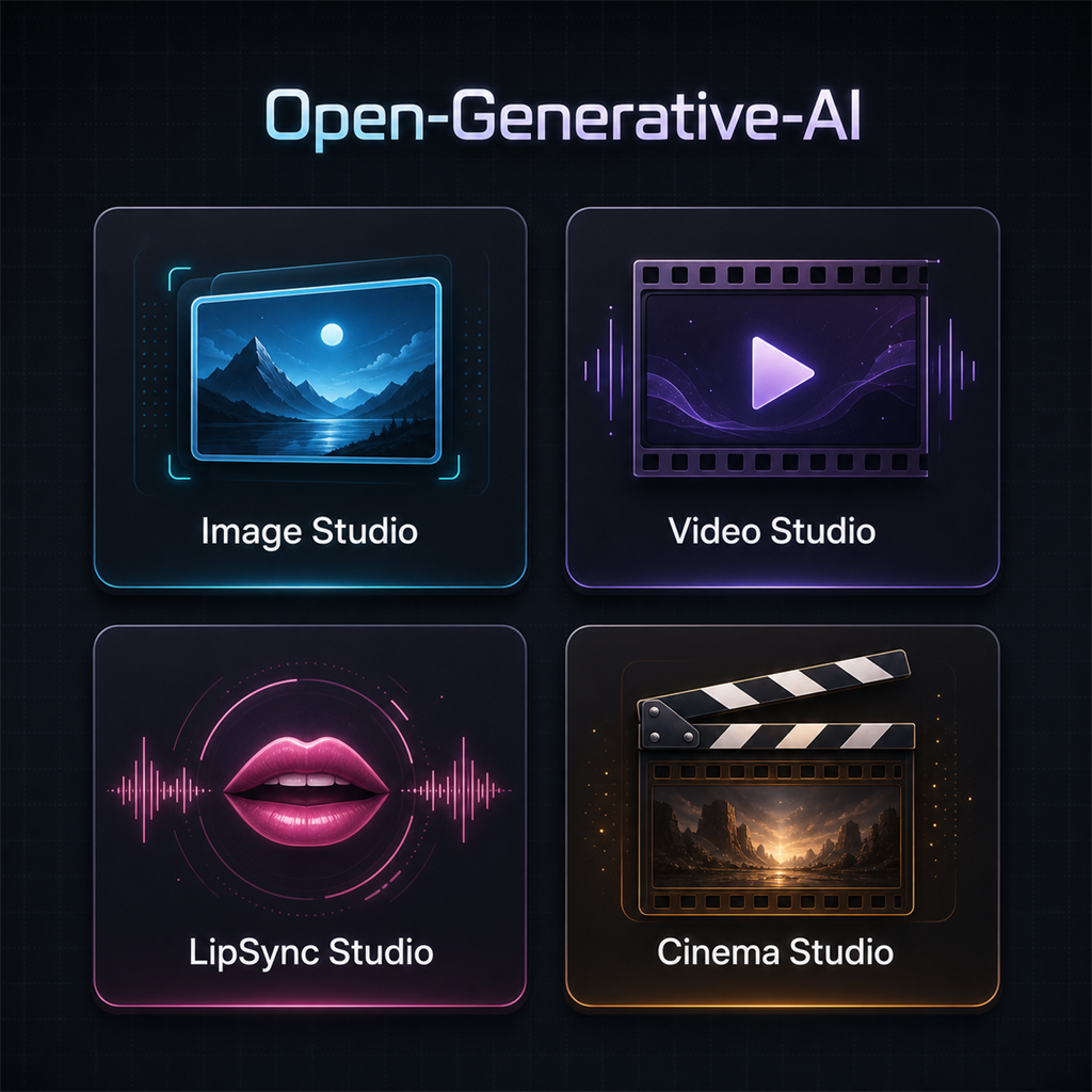 Open-Generative-AIの4つのスタジオ選択画面と、ビデオスタジオでモデルを切り替えている操作イメージ