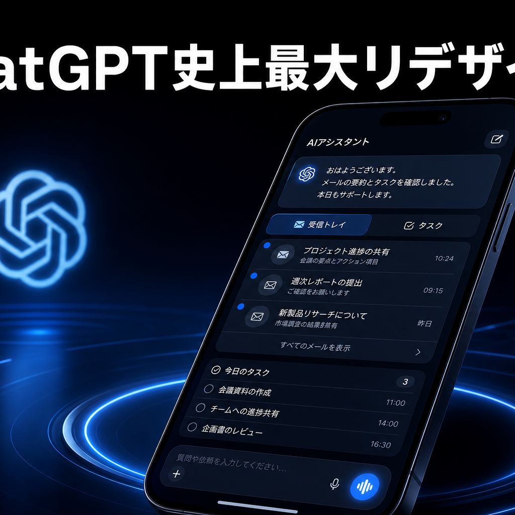 ChatGPTのスーパーアプリ化イメージ──メール・タスク・情報収集が1画面で完結するUI構成図