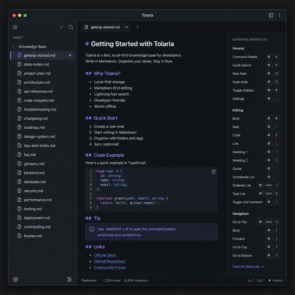 TolariaのデスクトップUIイメージ──マークダウン一覧とキーボードファーストの操作パネルを示すスクリーンショット風の画面図